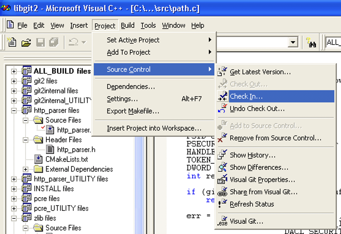 Visual Git integrated into Visual C++ 6
